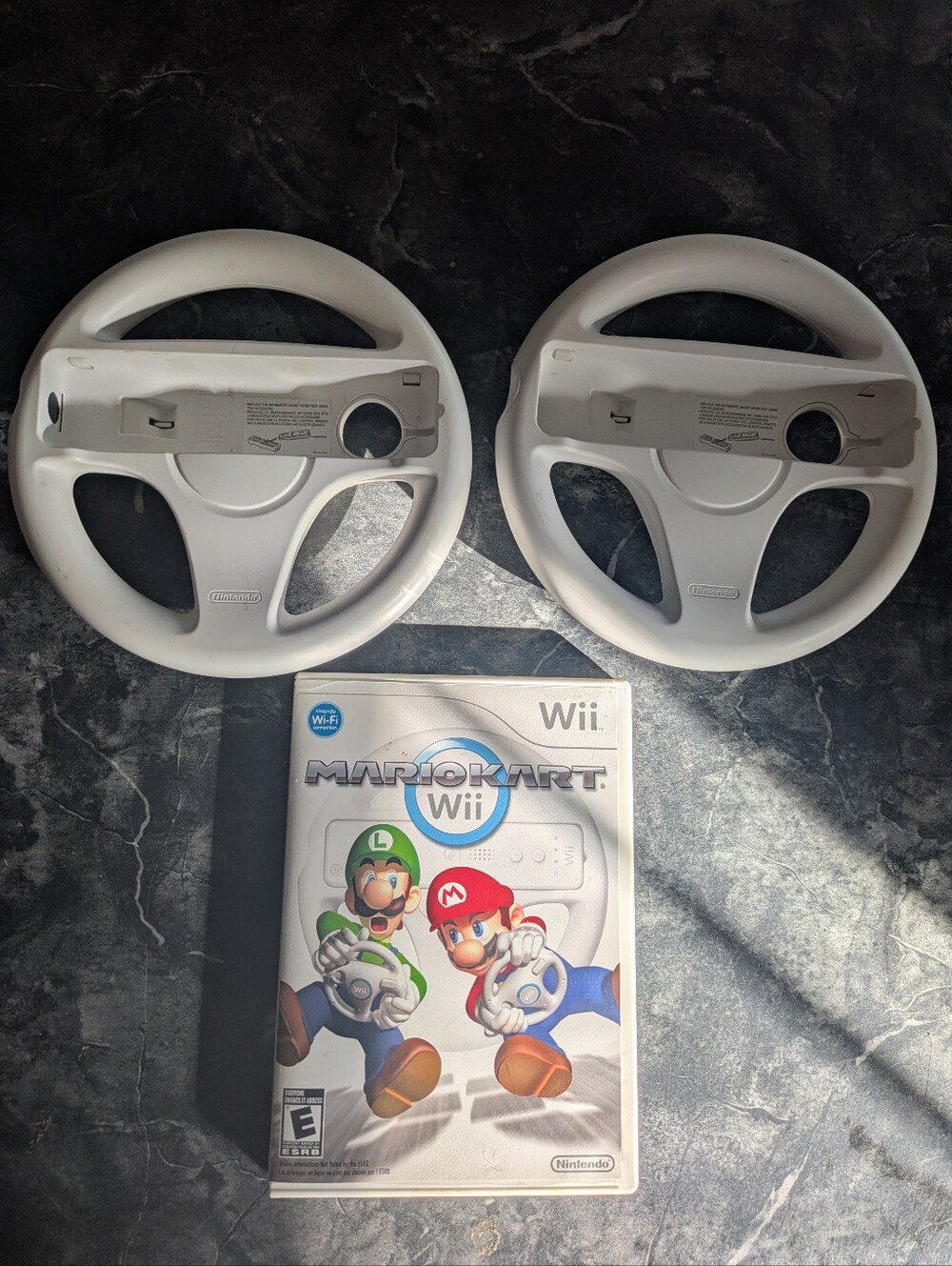 Nintendo Wii Mario Kart Wii Game + 2 OEM Steering Wheels